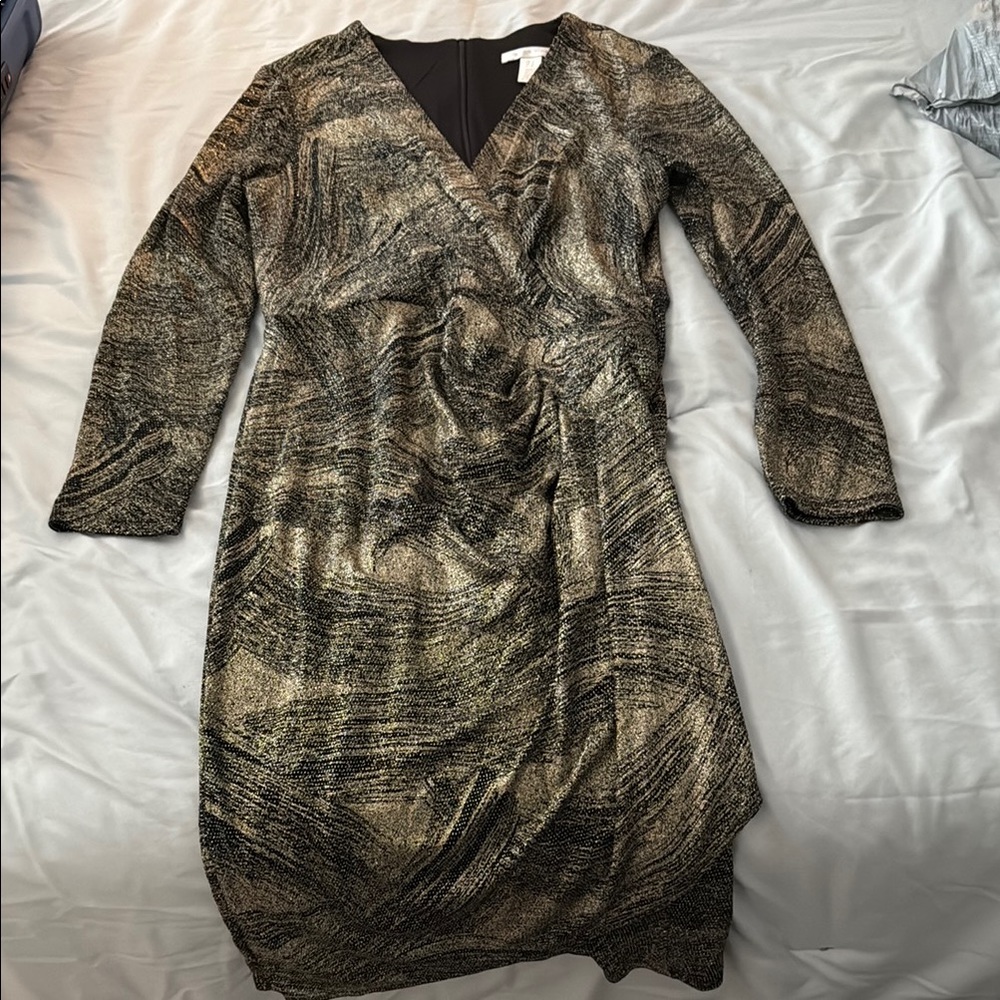 London Times Gold Black Sheath Dress with Ruched Wrap